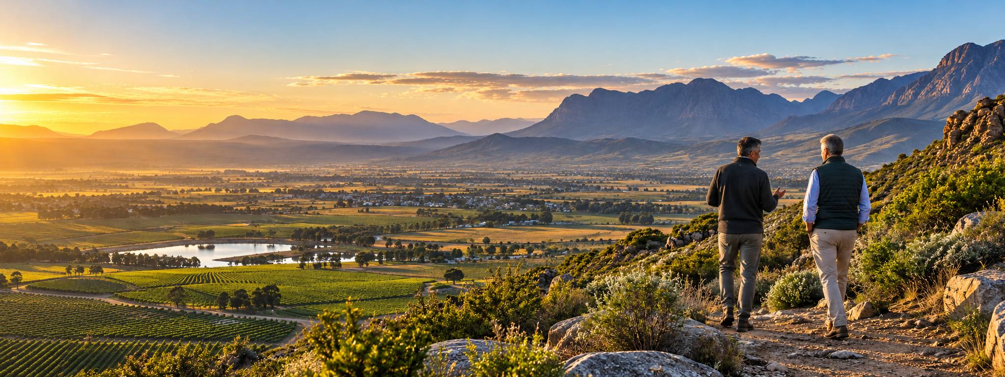 Leaders overlooking a golden vineyard valley